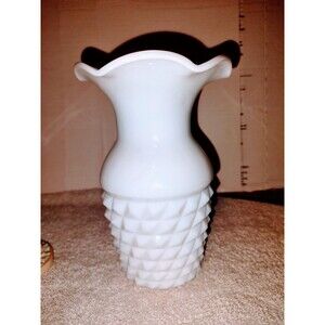 Vintage Milk Glass Vase Raised Diamond Quilt Pattern Ruffled Edge